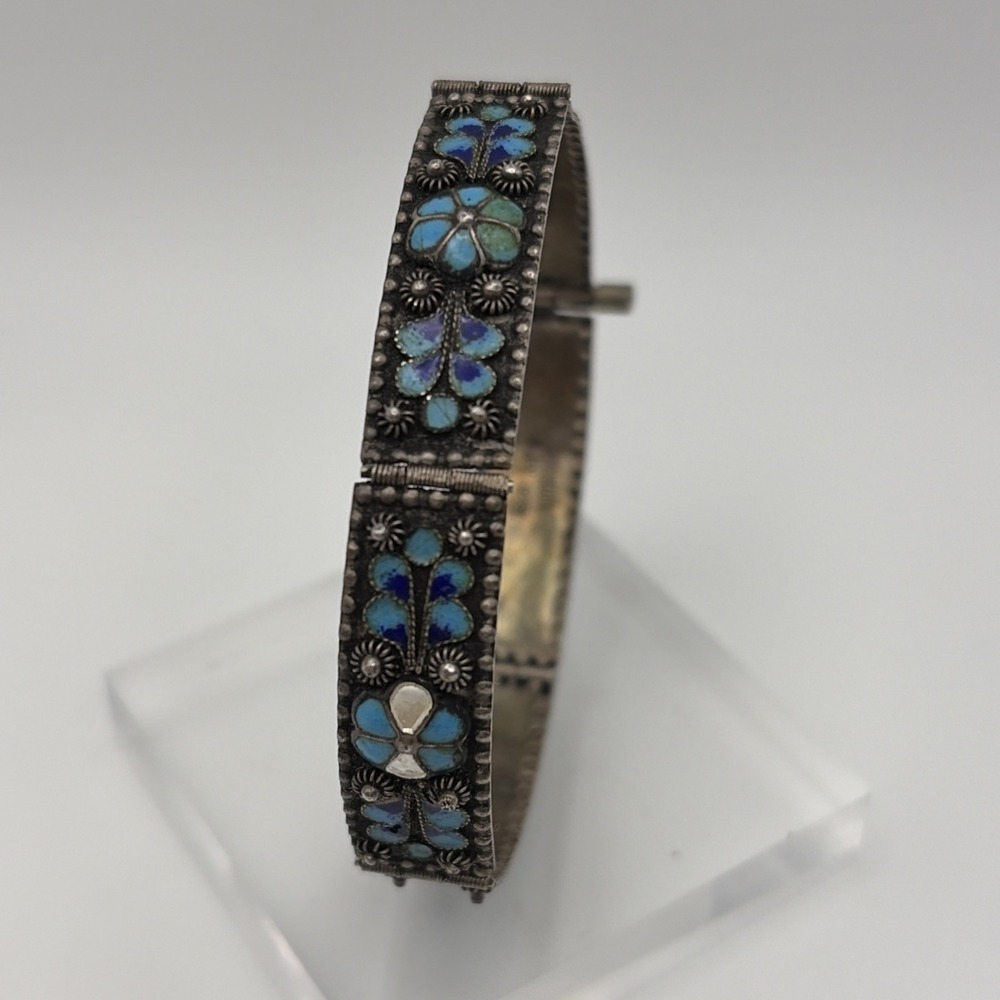 Emanuel Sterling Silver Turquoise 925 Ornate Bracelet 6 1/2" Vintage Enamel
